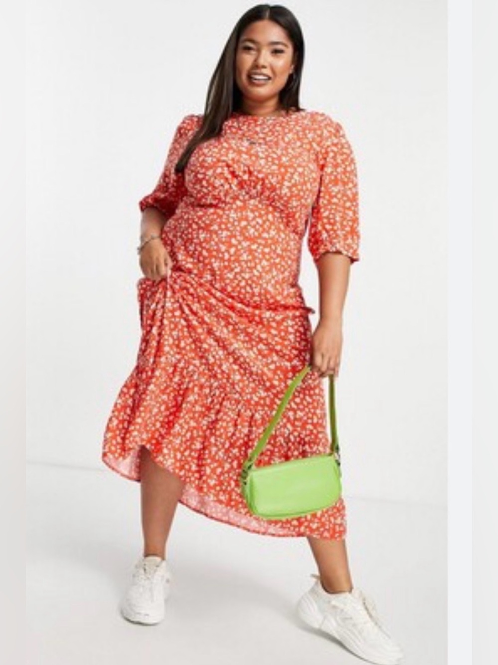 Nobody’s Child Orange Floral Midi Dress with Puff Sleeves. Size 18. Like new.